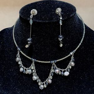 Dressy choker earring set silver dark grey opal